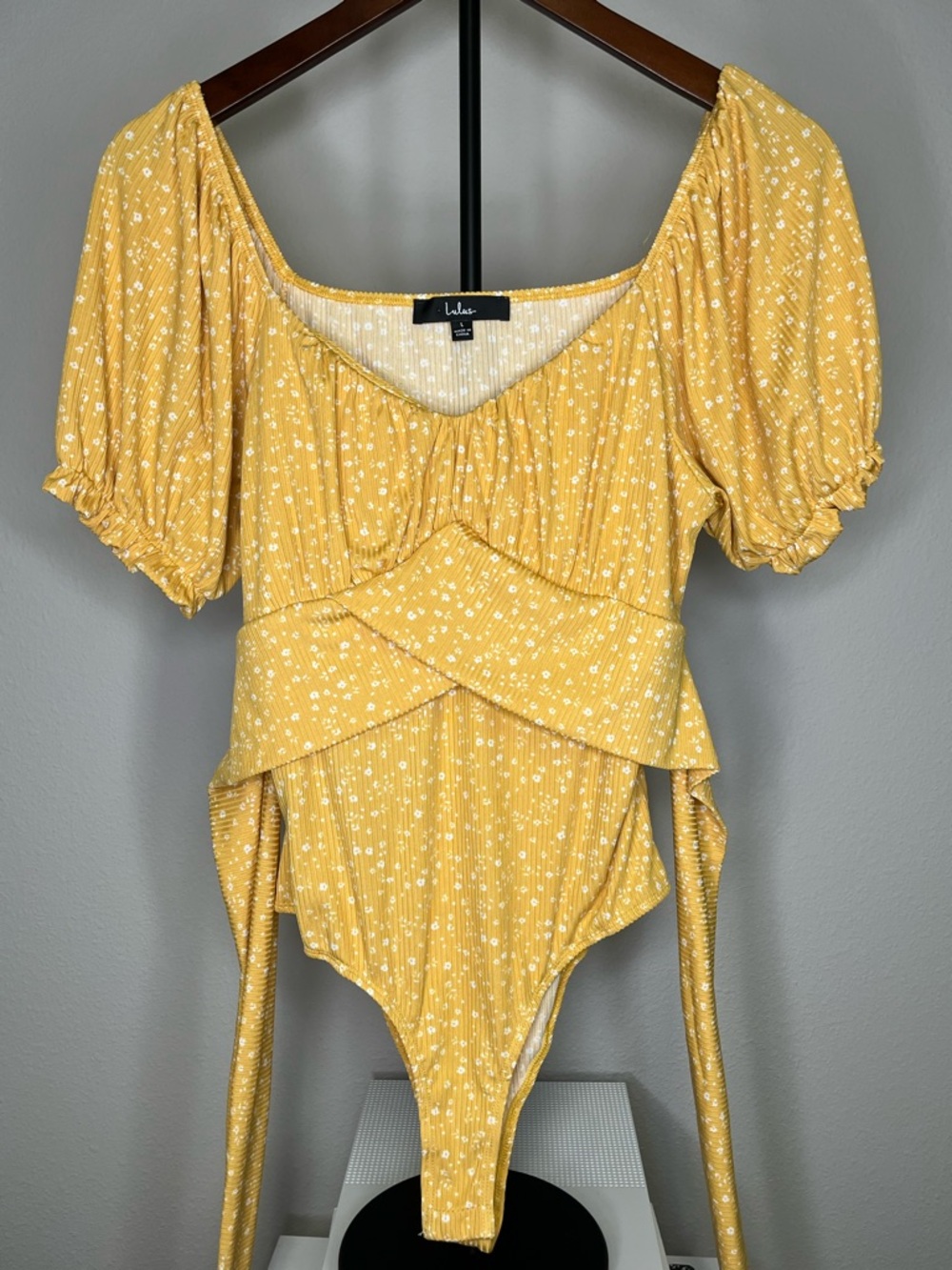 Lulu’s Yellow Puff-Sleeve Wrap Bodysuit Top